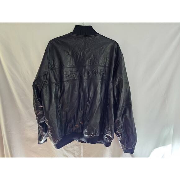 Sean John Black Leather Bomber Jacket Men’s XXL Genuine Leather with Ribbed Trim - Picture 3 of 8